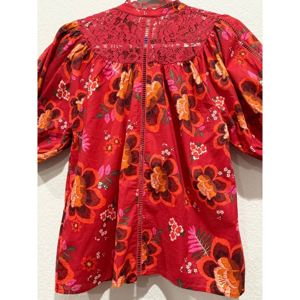 Farm Rio Floral Lace Blouse Red XS Puff Sleeve Button up Boho Lightweight Cotton